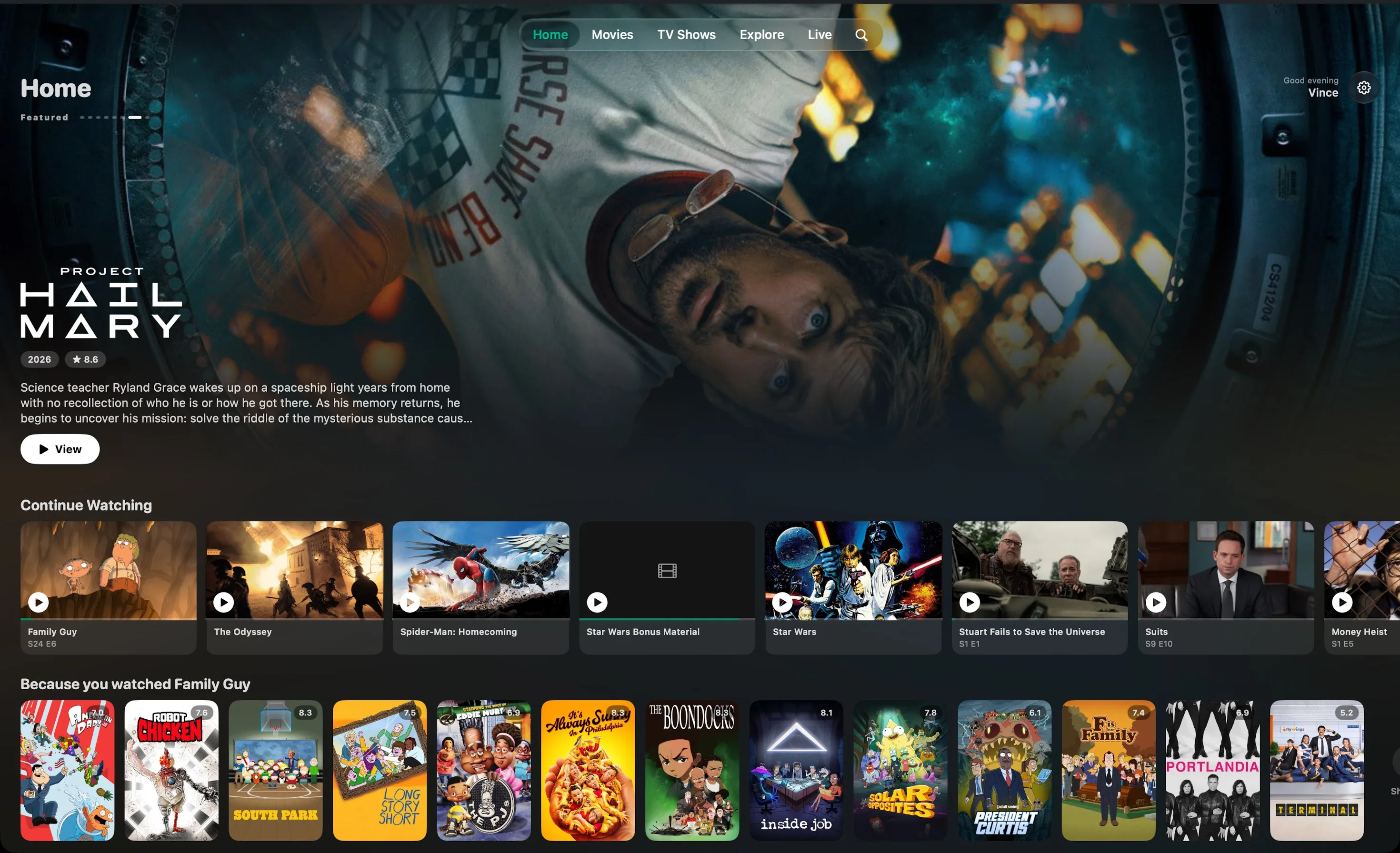 Die Startseite von Glotz auf dem Mac: Spotlight, Weiterschauen und persönliche Reihen