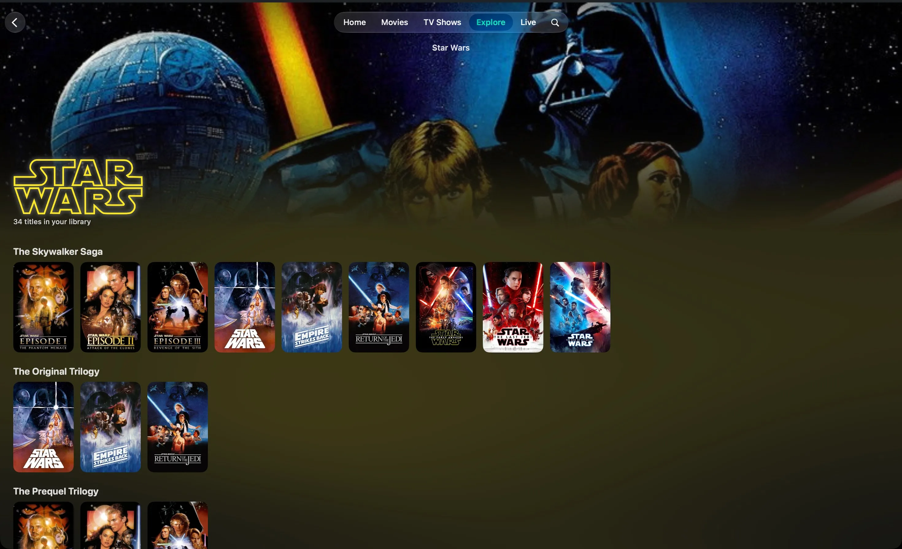 Die Reihe Star Wars in Glotz auf dem Mac: Skywalker-Saga, Original-Trilogie, Prequel-Trilogie